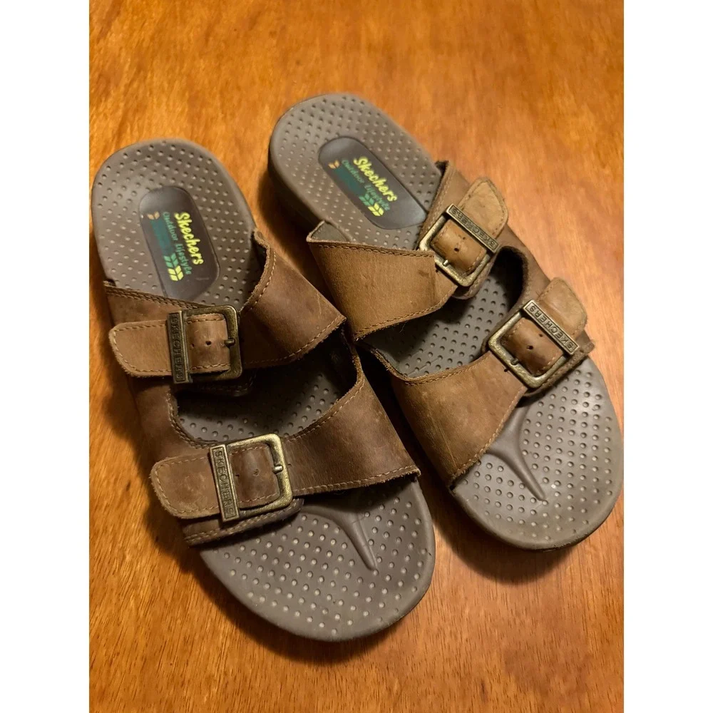 Skechers Outdoor Lifestyle Brown Leather Double Buckle Slide Sandals 46795 DSCH